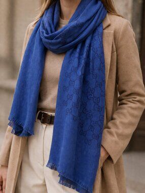 GUCCI Made In Italy Wool Silk Blend Luxury Logo Scarf Blue 18in W x 71in L NWT